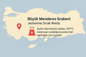 Aydın-Germencik sahası, 242 °C rezervuar sıcaklığıyla jeotermal santraller için eşsizdir; her bir GW jeotermal, yılda 7 TWh baz yük elektrik sağlar.