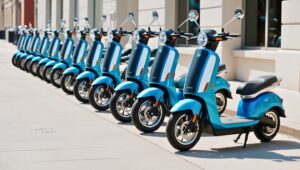 Çevre Dostu Ulaşım Araçları Hangileridir Çevre Dostu Ulaşım Araçları Hangileridir, Elektrikli Scooter ve Motosikletler, sıralı dizilmiş mavi elektrikli motosikletler