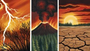 Orman yangınının doğal nedenleri Orman Yangınlarının Sebepleri, doğal sebeplerini anlatan görsel, yıldırım düşmesi, volkanik patlama ve kuraklık