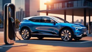 Çevre Dostu Ulaşım Araçları Hangileridir? Elektrikli Araçlar Çevre Dostu Ulaşım Araçları Hangileridir? Elektrikli Araçlar, mavi elektrikli şarj istasyonu üzerinde duran araç