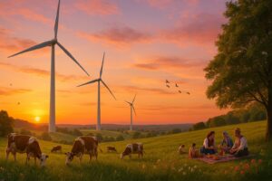 Doğa ile iç içe rüzgar türbinleri, güzel bir gün batımı, türbinin altında otlayan inekler, kenarda piknik yapan çiftçi kıyafetli insanlar, bal yapmak için dolaşan arılar ve sağlıkla göç eden kuşlar.